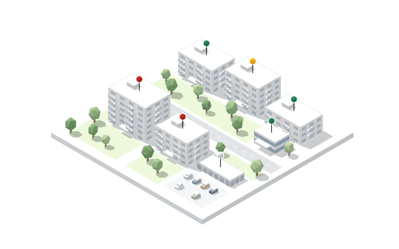Osiedle w 3D: bloki z kolorowymi pinezkami statusów, pawilon z lokalami użytkowymi, rząd garaży i parking