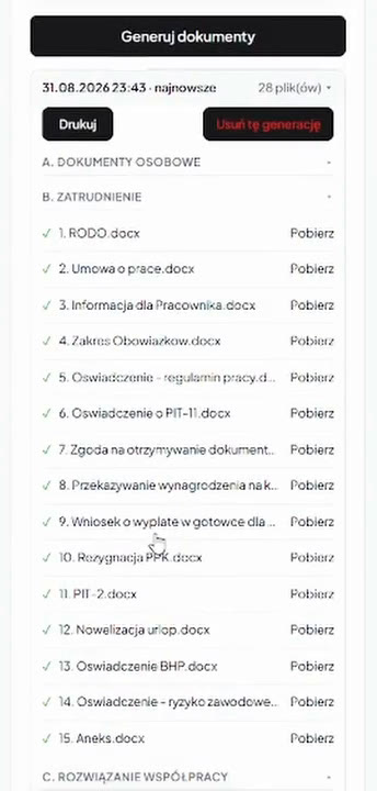 Panel generowania dokumentów po kliknięciu: lista gotowych dokumentów kompletu z przyciskami Drukuj i Pobierz